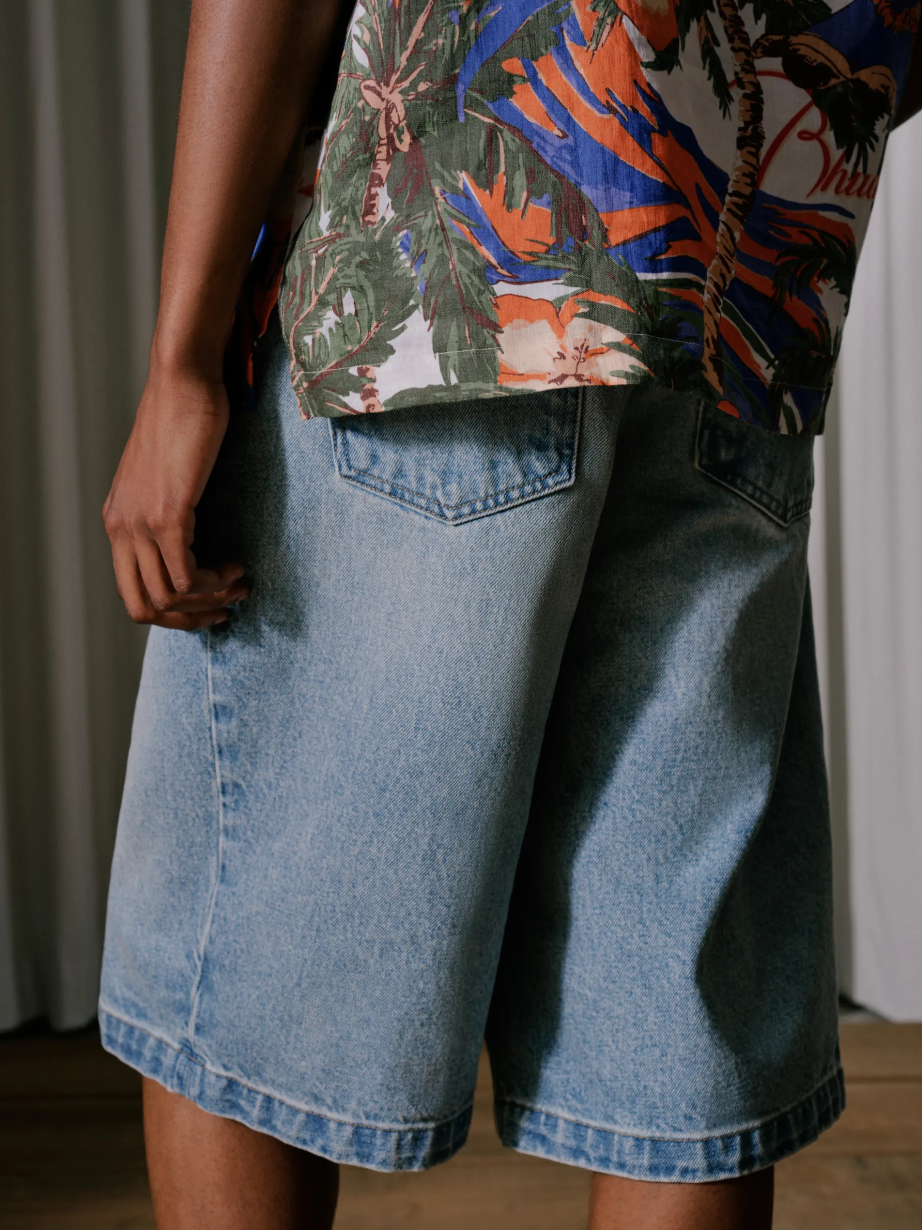 DROP CROTCH DENIM SHORTS